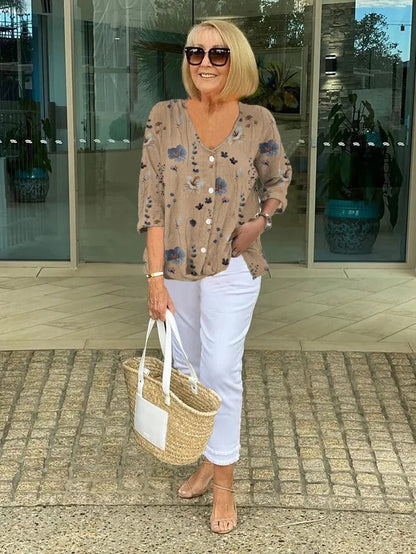 Kourtney | Women's Printed Blouse with Three Quarter Sleeve and Button Front Closure