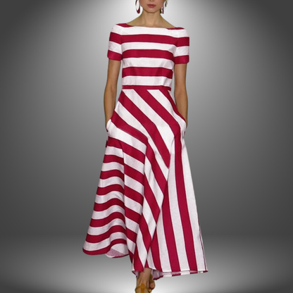 Lakelynn | Summer A-Line Striped Dress with Boat Neckline and Side Pockets
