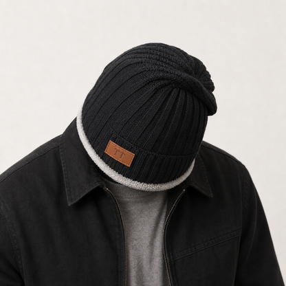 Men's Ribbed Beanie - Warm Fleece Cuff Winter Hat
