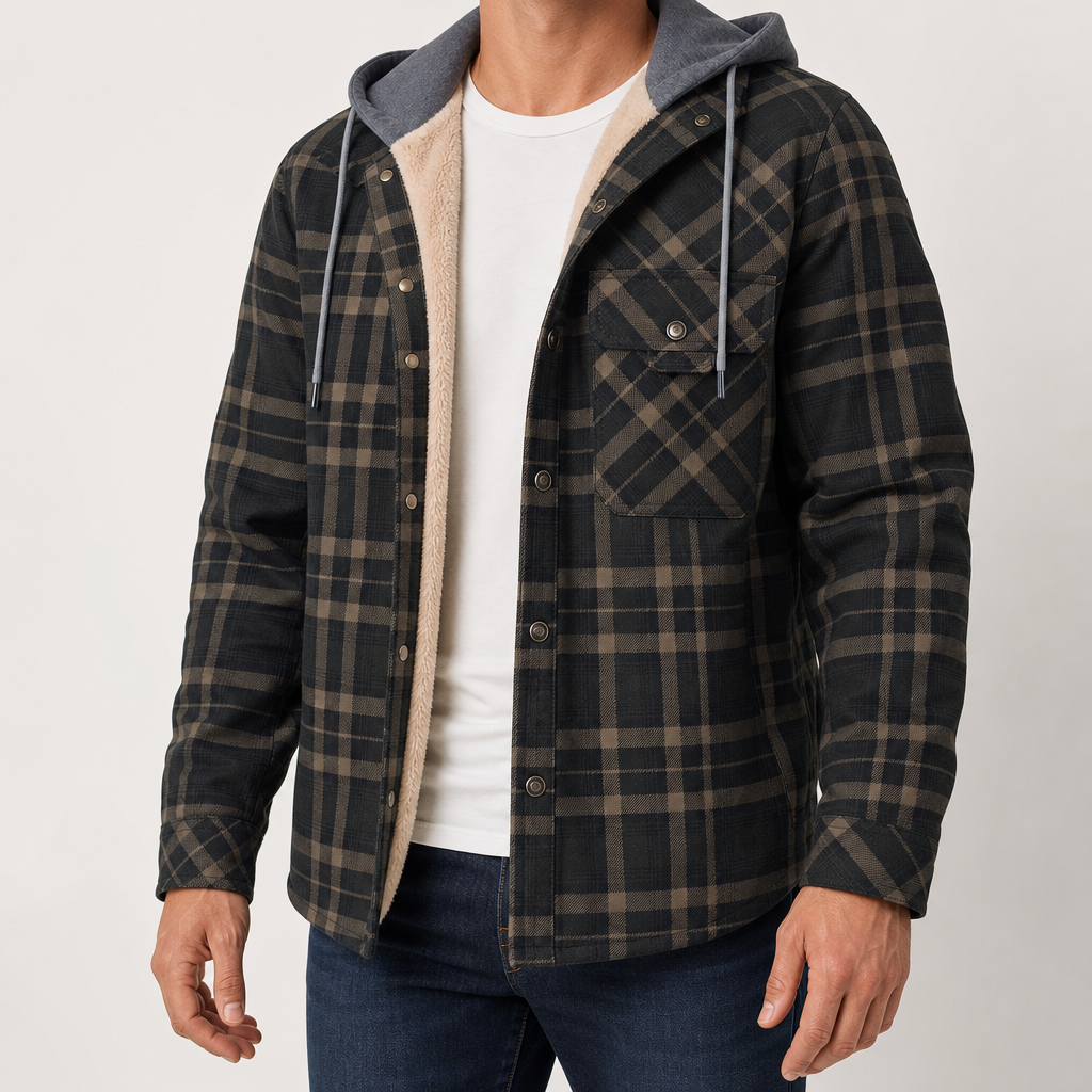 Men's Plaid Sherpa Shirt Jacket - Hooded Casual Outerwear