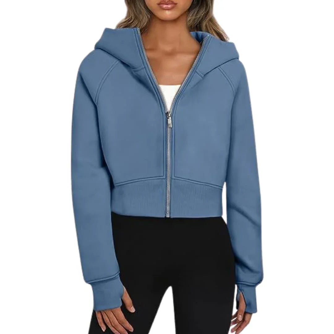Women's Cropped Zip Up Hoodie - Casual Fleece Sweatshirt