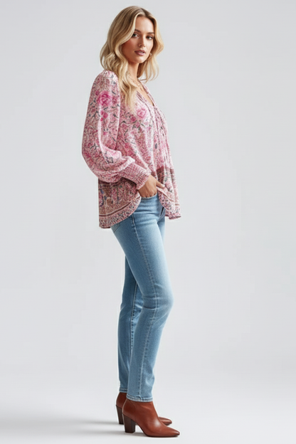 Zoe | Women's Relaxed Fit Floral Blouse with Elegant Tie Neck Design
