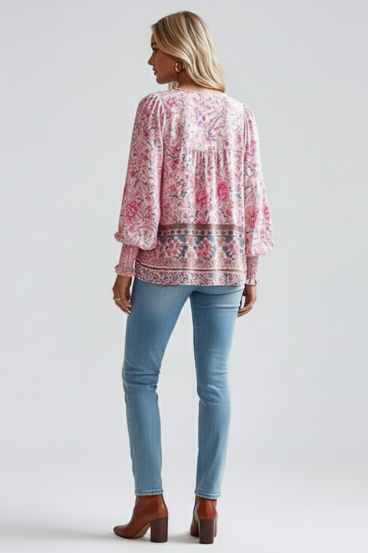 Zoe | Women's Relaxed Fit Floral Blouse with Elegant Tie Neck Design