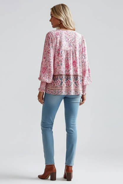 Zoe | Women's Relaxed Fit Floral Blouse with Elegant Tie Neck Design
