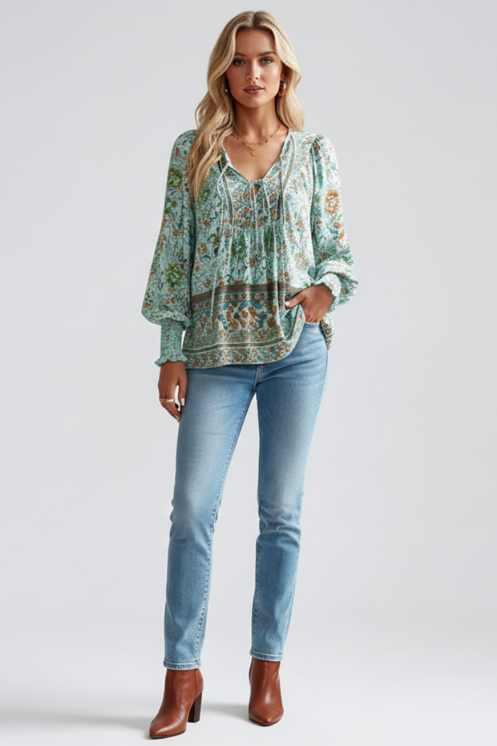 Zoe | Women's Relaxed Fit Floral Blouse with Elegant Tie Neck Design