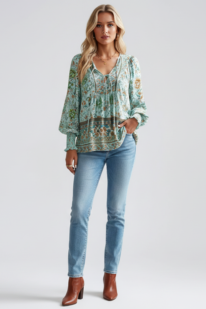 Zoe | Women's Relaxed Fit Floral Blouse with Elegant Tie Neck Design