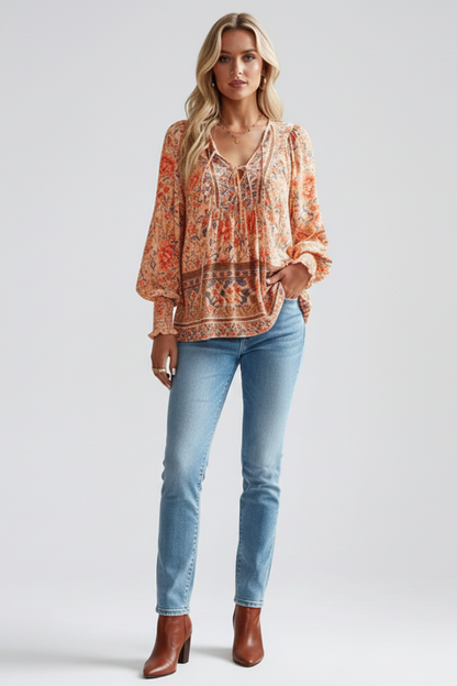 Zoe | Women's Relaxed Fit Floral Blouse with Elegant Tie Neck Design