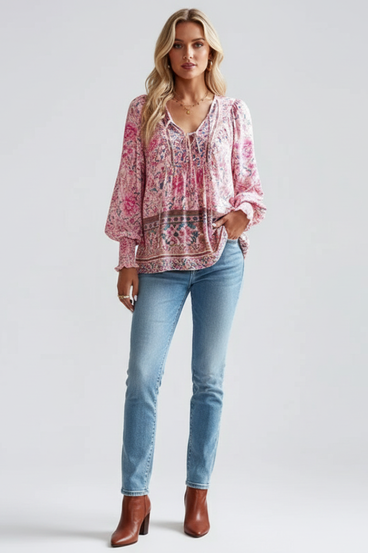 Zoe | Women's Relaxed Fit Floral Blouse with Elegant Tie Neck Design