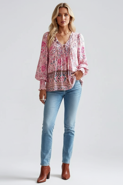 Zoe | Women's Relaxed Fit Floral Blouse with Elegant Tie Neck Design