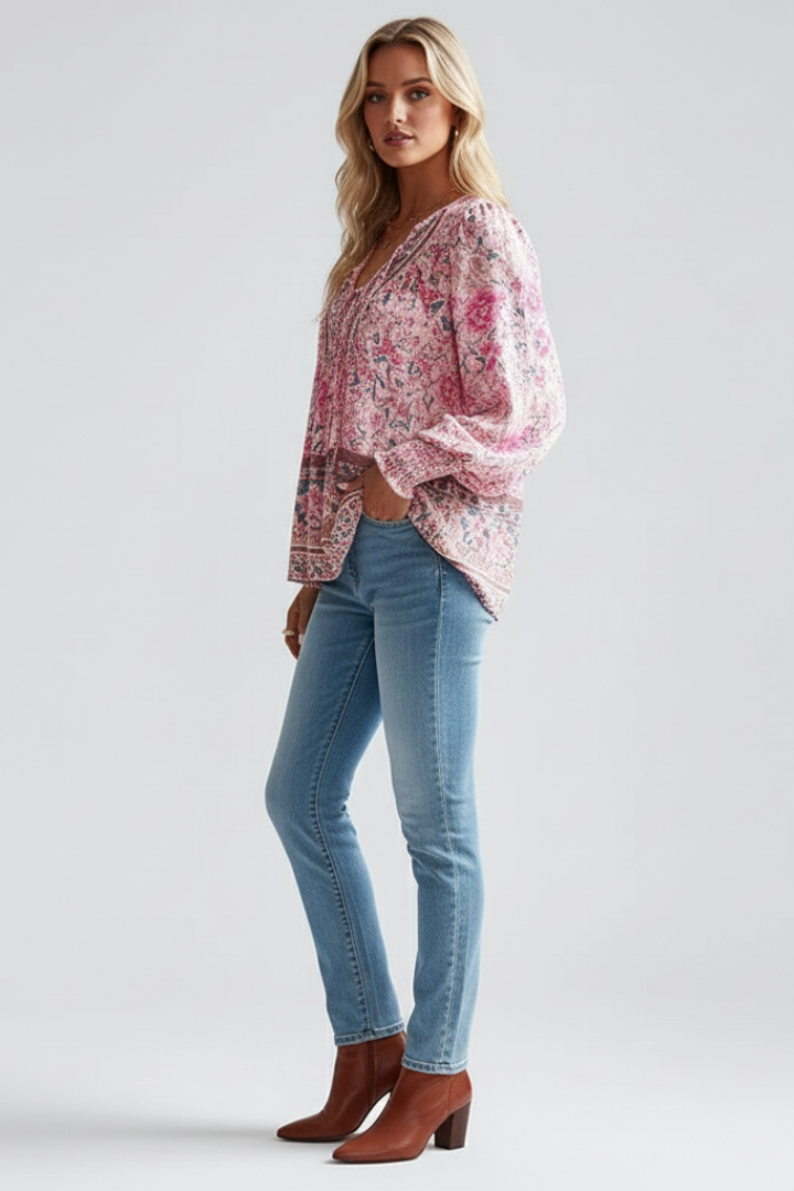 Zoe | Women's Relaxed Fit Floral Blouse with Elegant Tie Neck Design