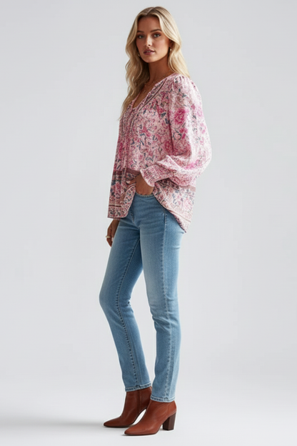 Zoe | Women's Relaxed Fit Floral Blouse with Elegant Tie Neck Design