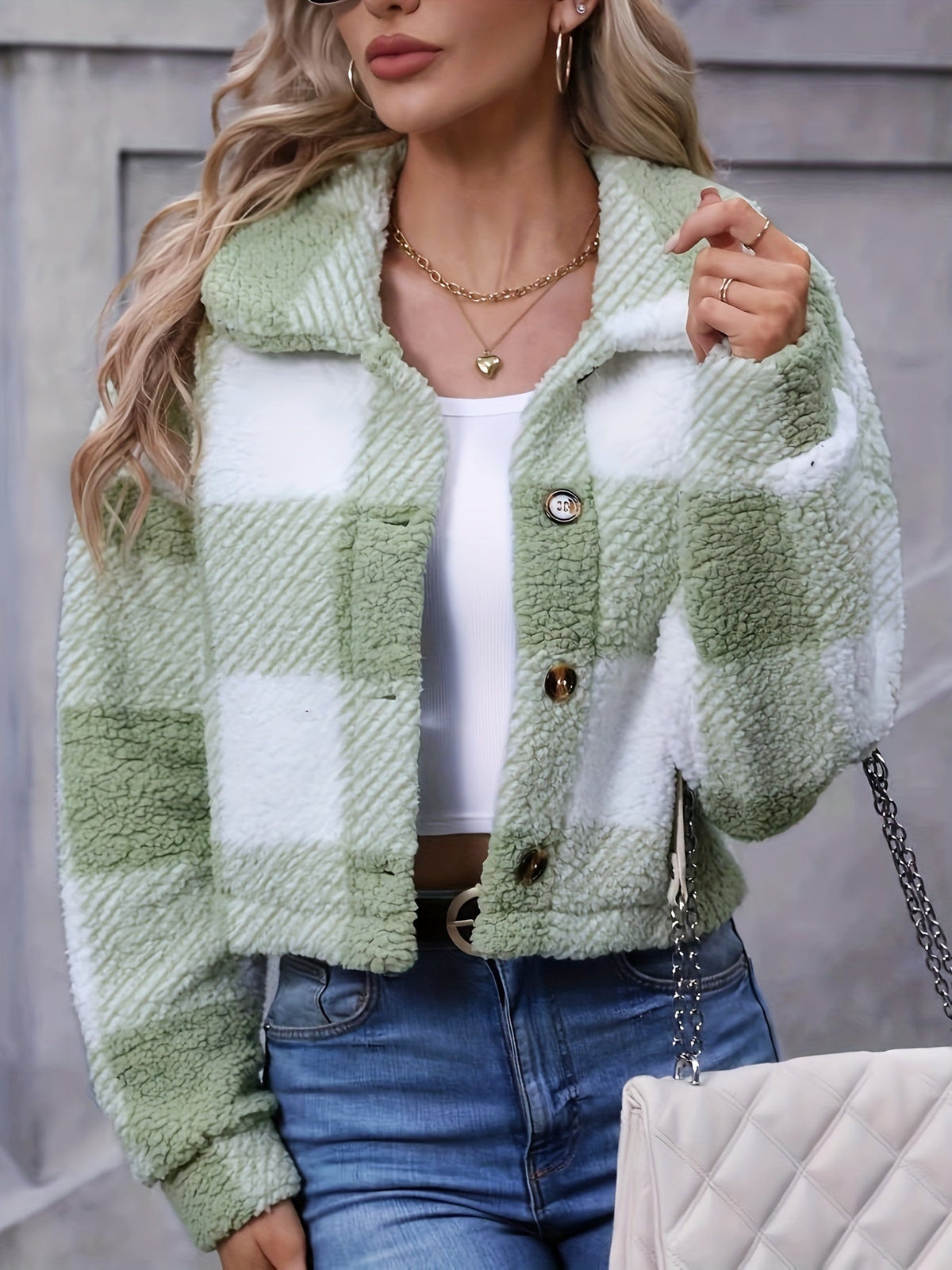 Women's Cropped Plaid Jacket – Cozy Check Print
