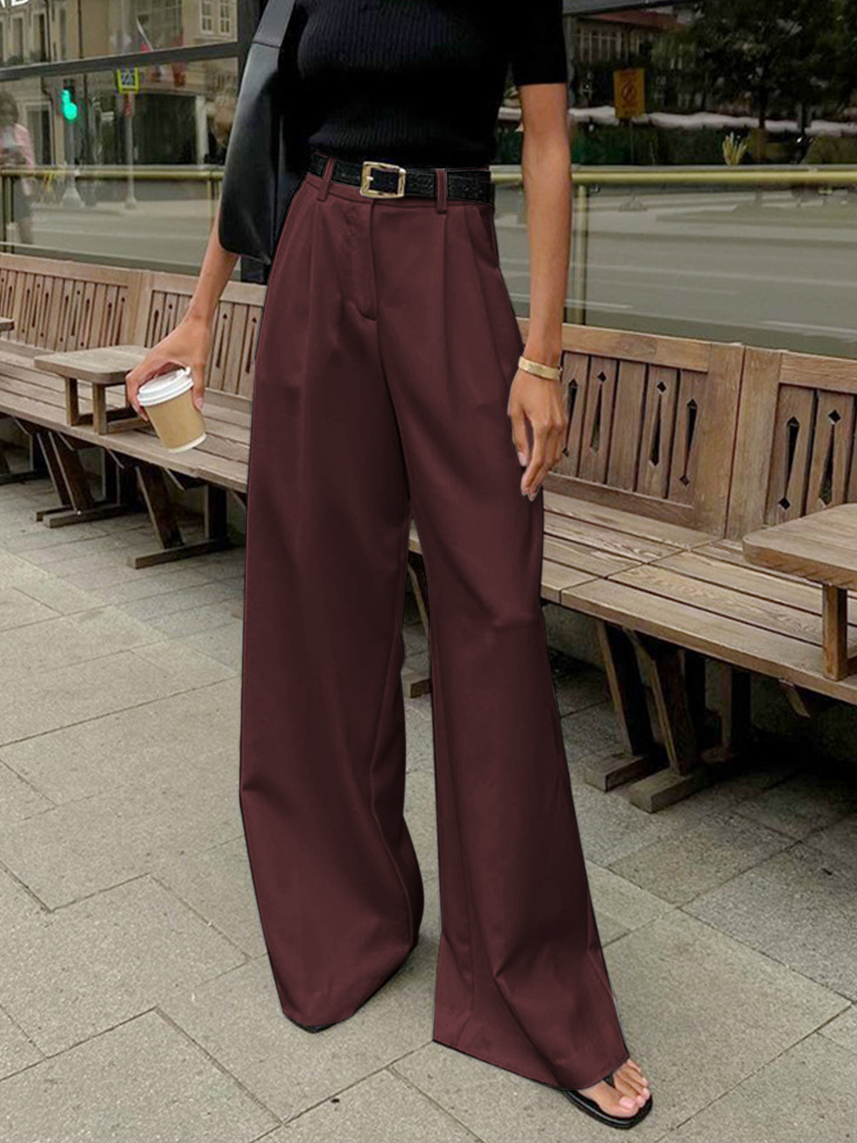 Grelisee | Women's Wide Leg High Waist Pants with Belted Waist Style