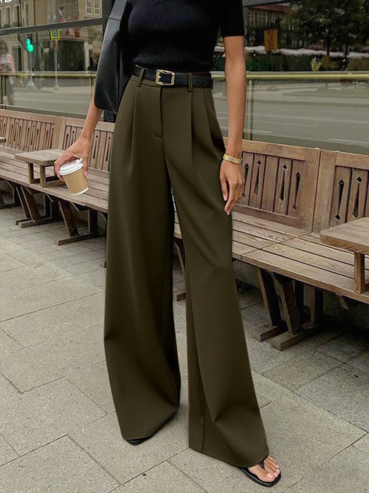 Grelisee | Women's Wide Leg High Waist Pants with Belted Waist Style