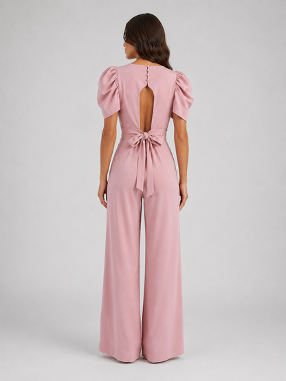Women's Puff Sleeve Wide Leg Jumpsuit - Tailored Formal Romper