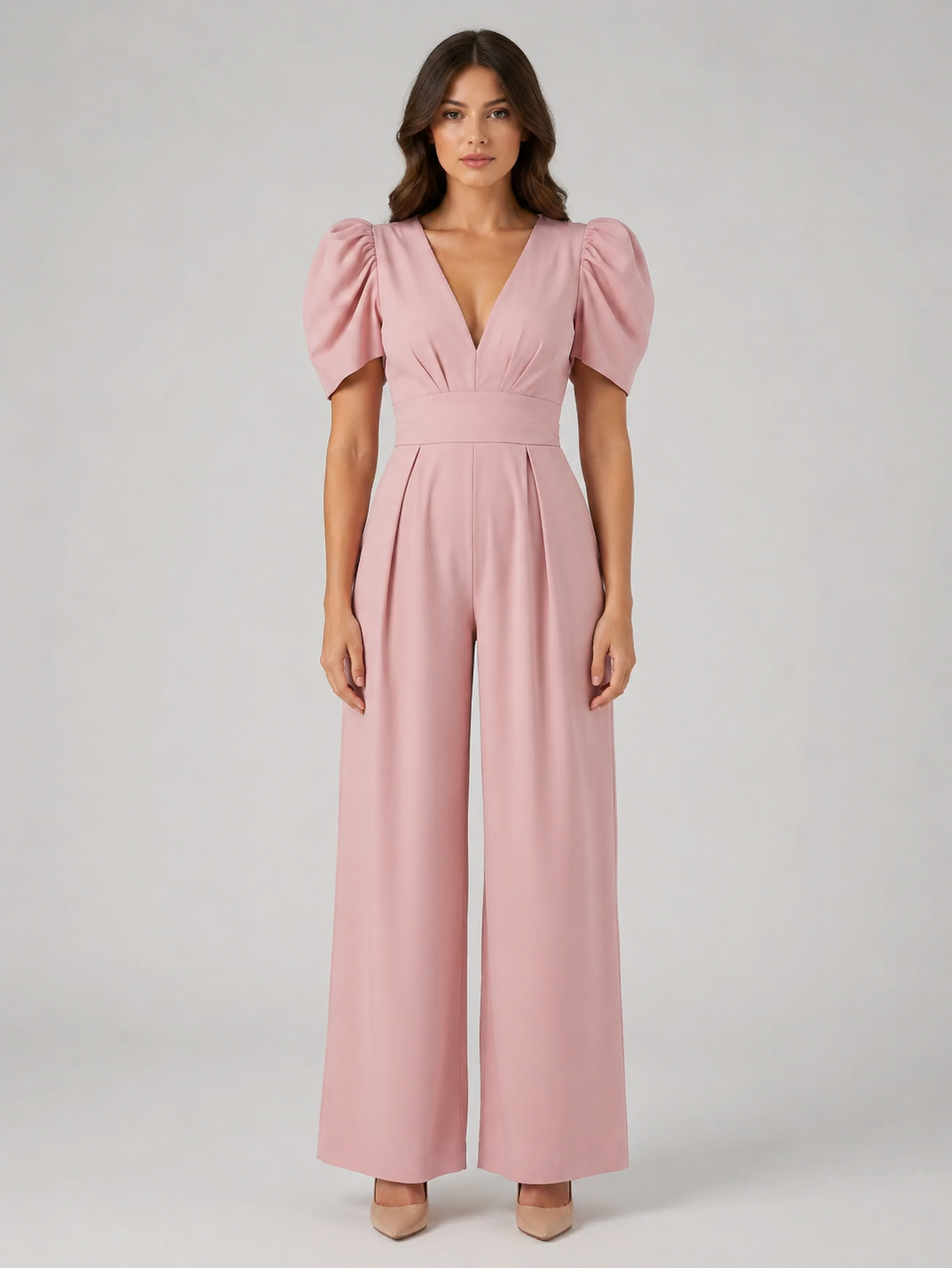 Women's Puff Sleeve Wide Leg Jumpsuit - Tailored Formal Romper