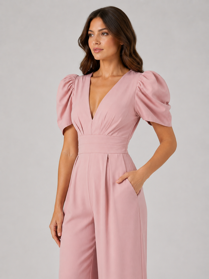 Women's Puff Sleeve Wide Leg Jumpsuit - Tailored Formal Romper