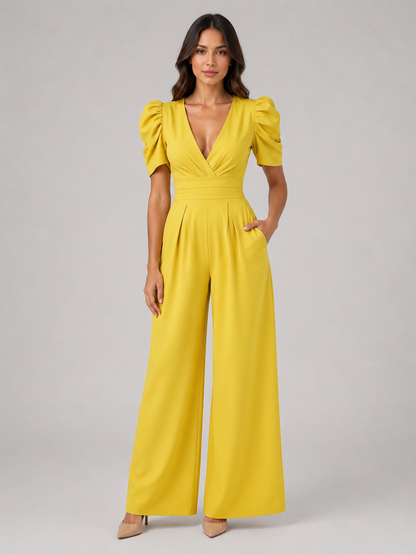 Women's Puff Sleeve Wide Leg Jumpsuit - Tailored Formal Romper