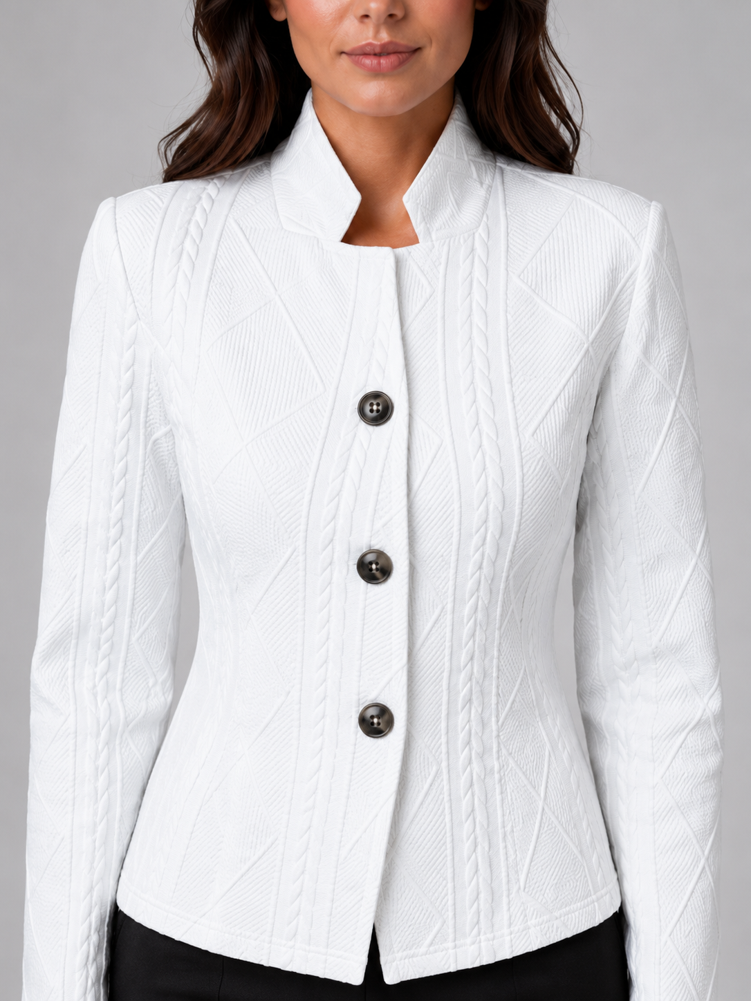 Women's Blazer Jacket - Collarless Textured Tailored Button Front