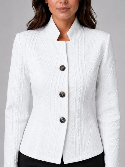 Women's Blazer Jacket - Collarless Textured Tailored Button Front