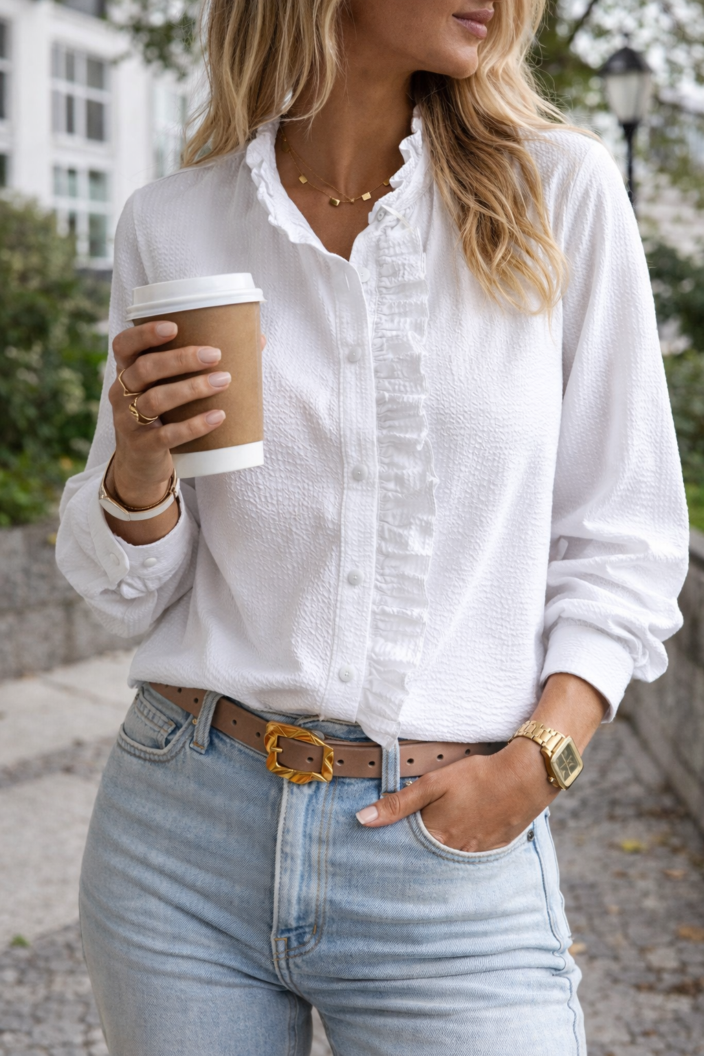 Women’s Ruffle Detail Blouse | Button Front Long Sleeve Top | Elegant Casual Shirt for Everyday Wear