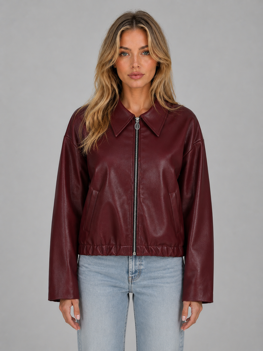 Women's Faux Leather Jacket - Cropped Zip Up Jacket with Pockets