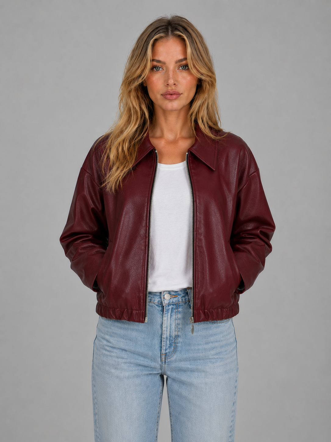 Women's Faux Leather Jacket - Cropped Zip Up Jacket with Pockets