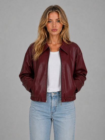 Women's Faux Leather Jacket - Cropped Zip Up Jacket with Pockets