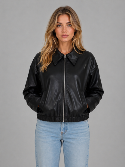 Women's Faux Leather Jacket - Cropped Zip Up Jacket with Pockets