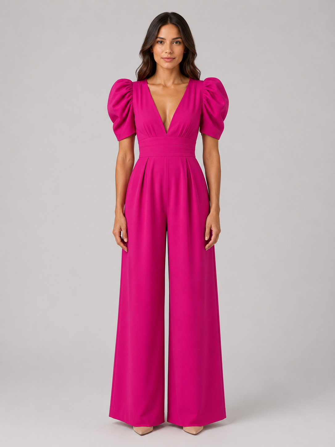 Women's Puff Sleeve Wide Leg Jumpsuit - Tailored Formal Romper