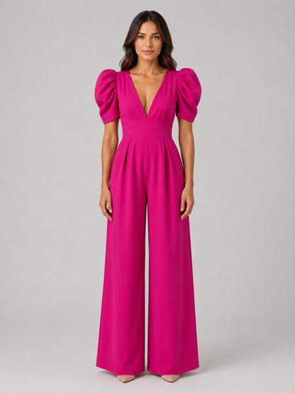 Women's Puff Sleeve Wide Leg Jumpsuit - Tailored Formal Romper