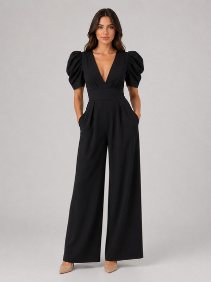 Women's Puff Sleeve Wide Leg Jumpsuit - Tailored Formal Romper