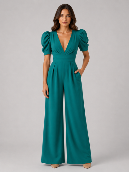 Women's Puff Sleeve Wide Leg Jumpsuit - Tailored Formal Romper