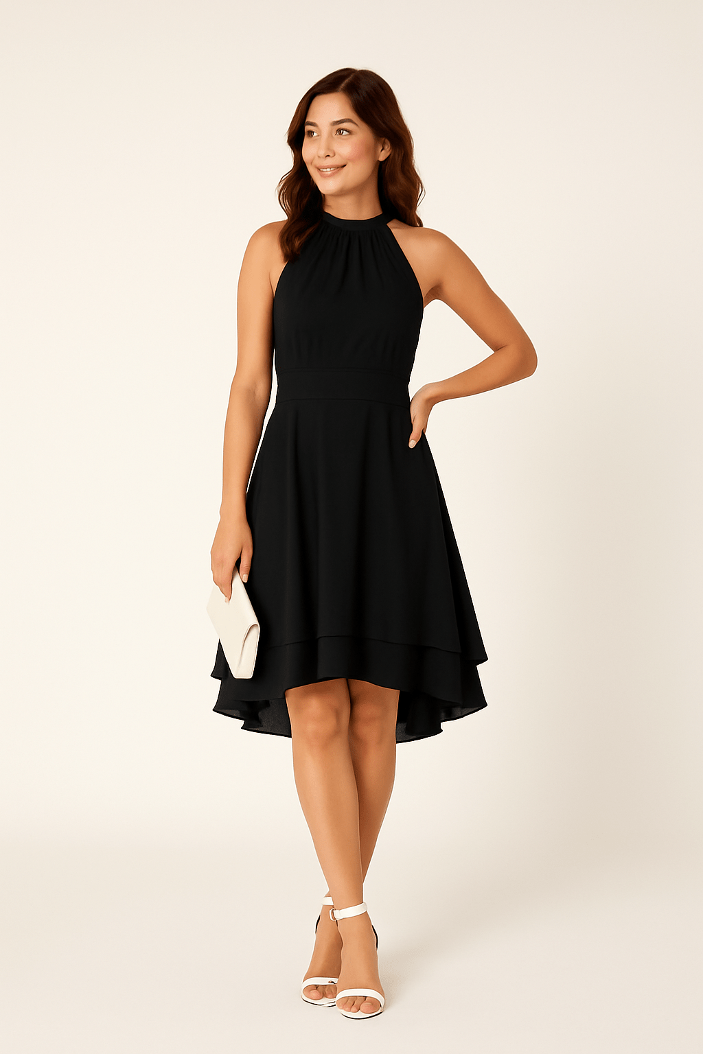 Elegant Halter-Neck Women's Dress with High-Low Layered Skirt | Perfect for Summer Weddings and Cocktail Parties 0