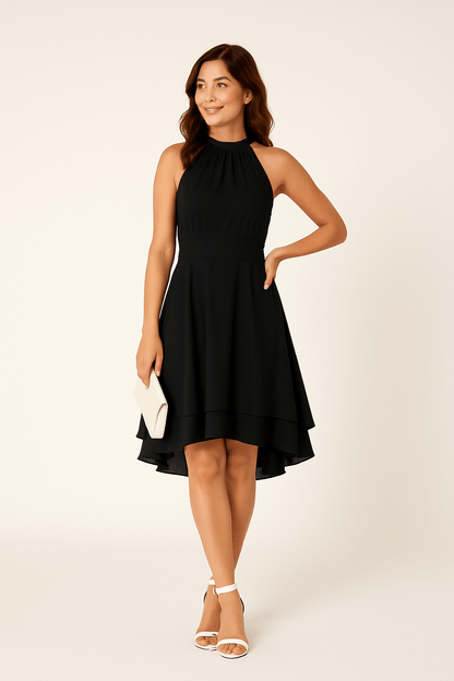 Elegant Halter-Neck Women's Dress with High-Low Layered Skirt | Perfect for Summer Weddings and Cocktail Parties 0