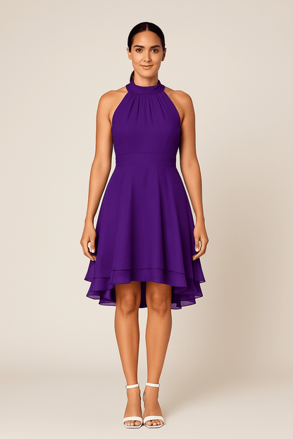 Elegant Halter-Neck Women's Dress with High-Low Layered Skirt | Perfect for Summer Weddings and Cocktail Parties 3