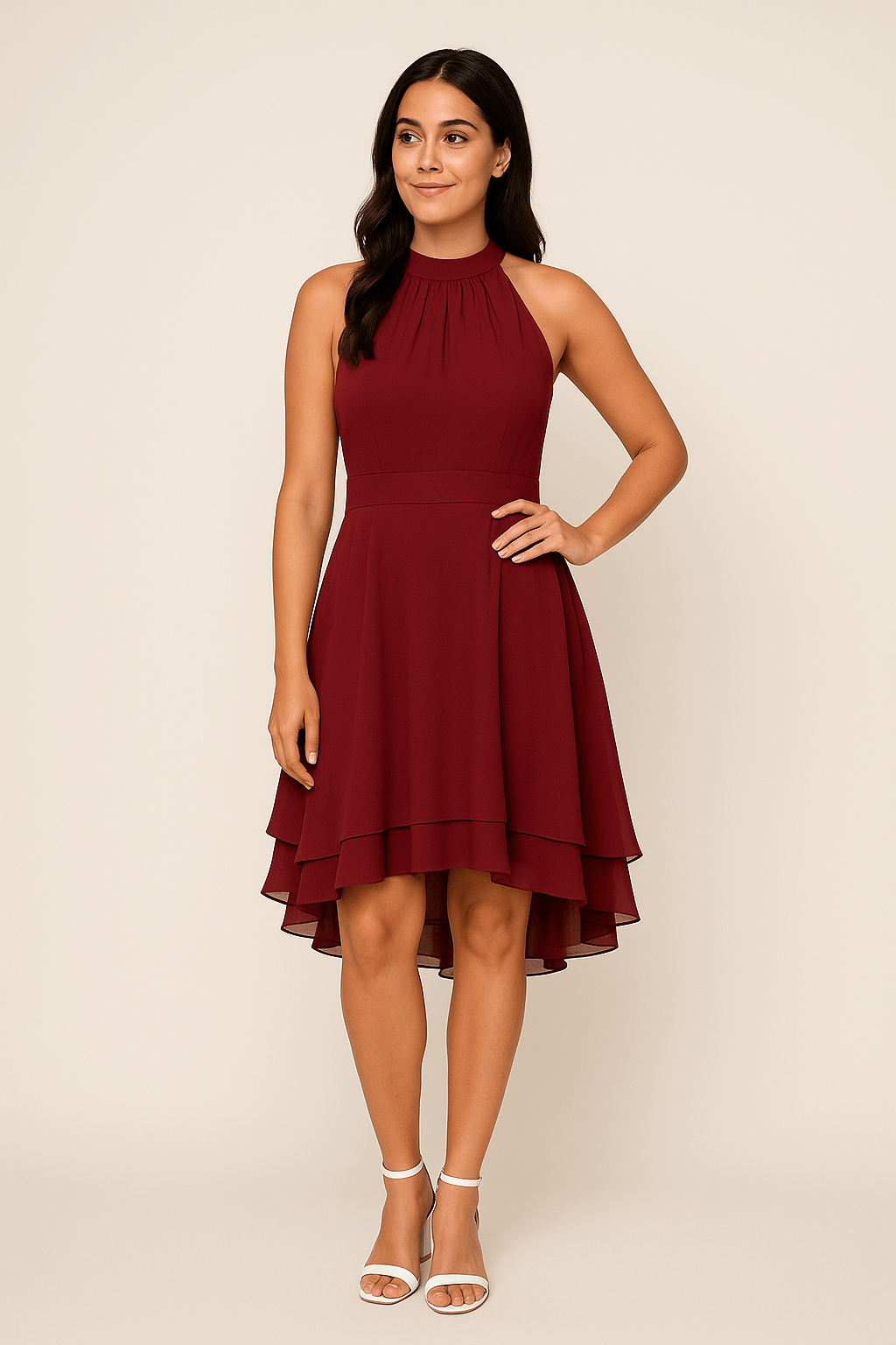 Elegant Halter-Neck Women's Dress with High-Low Layered Skirt | Perfect for Summer Weddings and Cocktail Parties 4