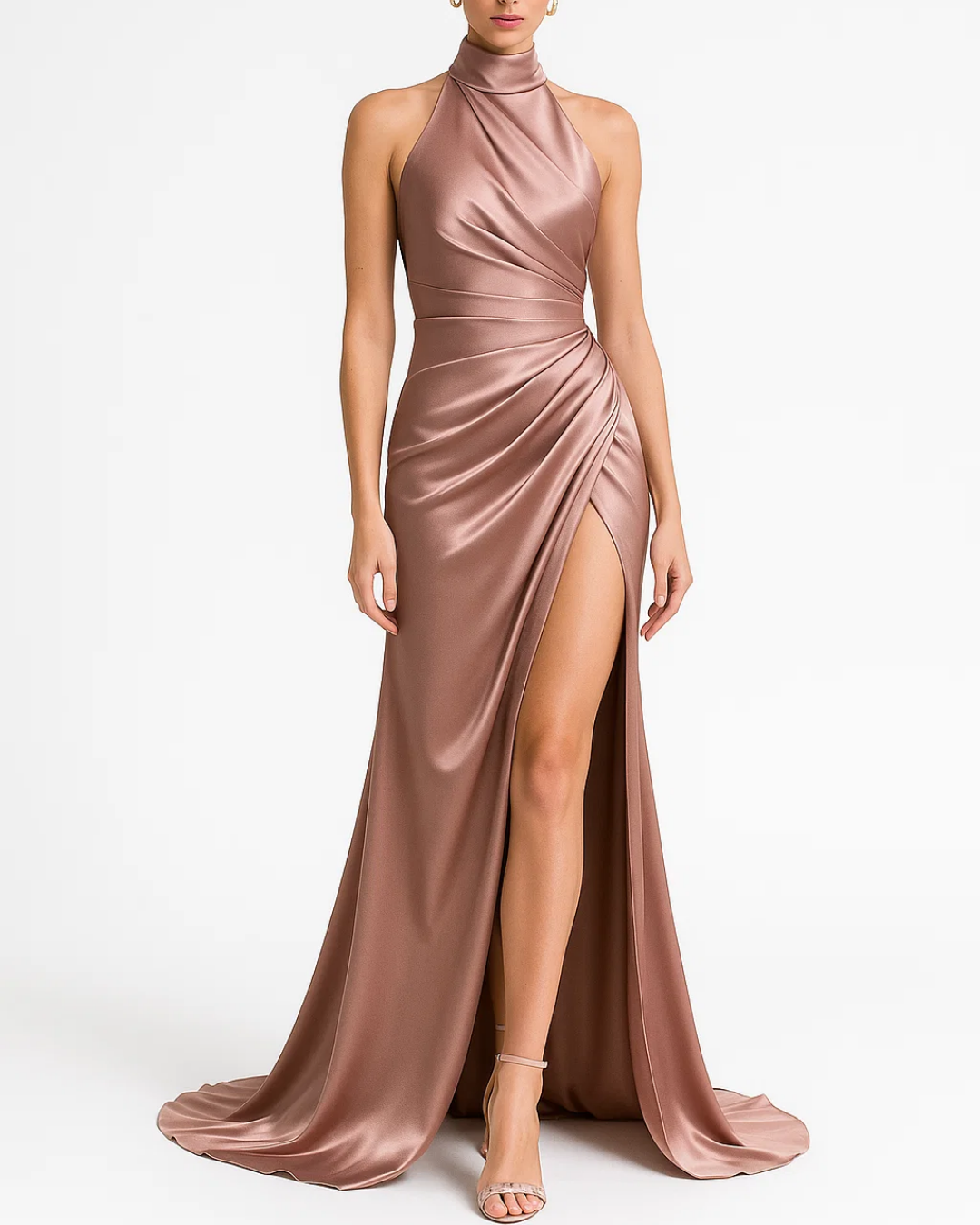 Elegant Halter Neck Evening Dress | Flattering Ruched Design with Front Slit for Formal Weddings and Upscale Events 1