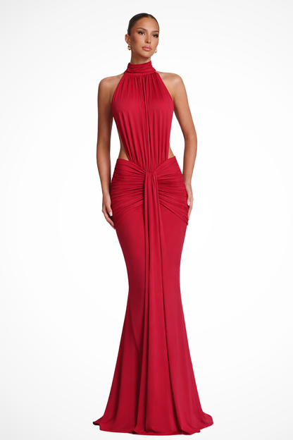 Elegant Maxi Dress | Black Long Dress with Halter Neck and Ruched Waist | Perfect for Wedding Guests 0
