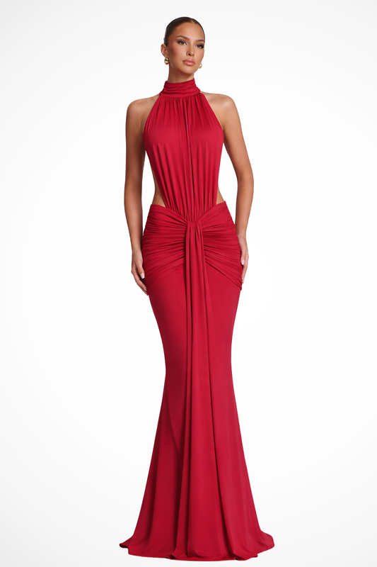 Elegant Maxi Dress | Black Long Dress with Halter Neck and Ruched Waist | Perfect for Wedding Guests 0