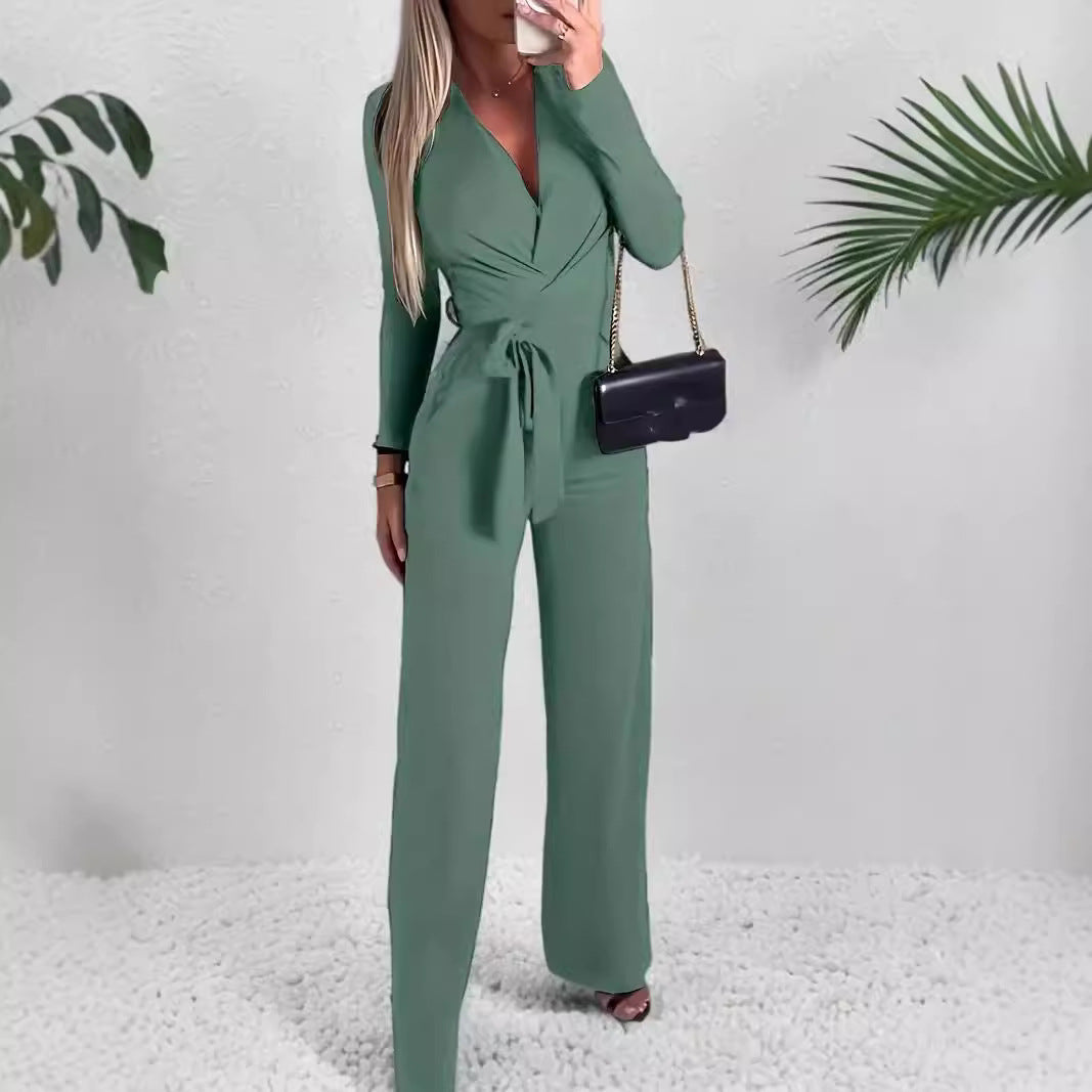 Elegant Wrap V-Neck Jumpsuit for Women with Adjustable Tie Waist - Flowy Wide-Leg Design for Effortless Style 0