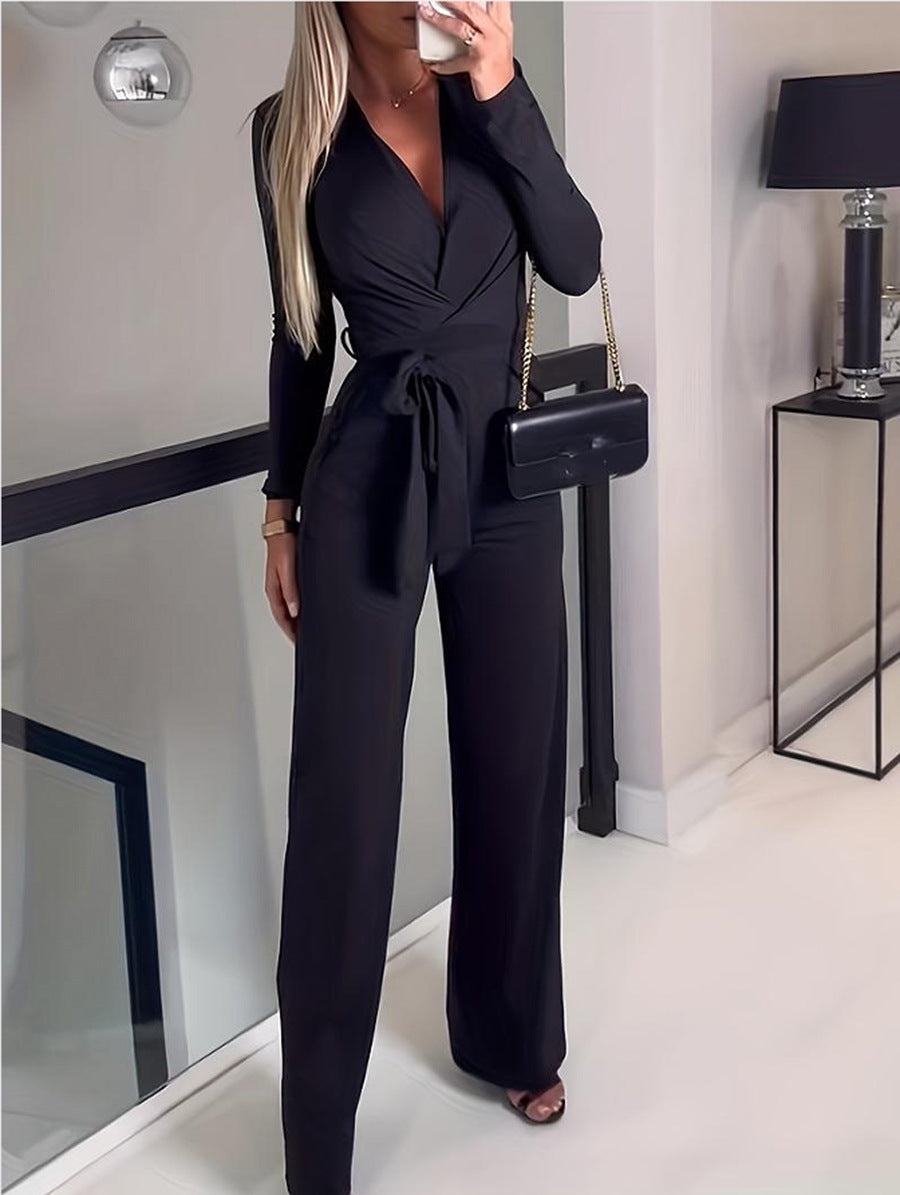 Elegant Wrap V-Neck Jumpsuit for Women with Adjustable Tie Waist - Flowy Wide-Leg Design for Effortless Style 1
