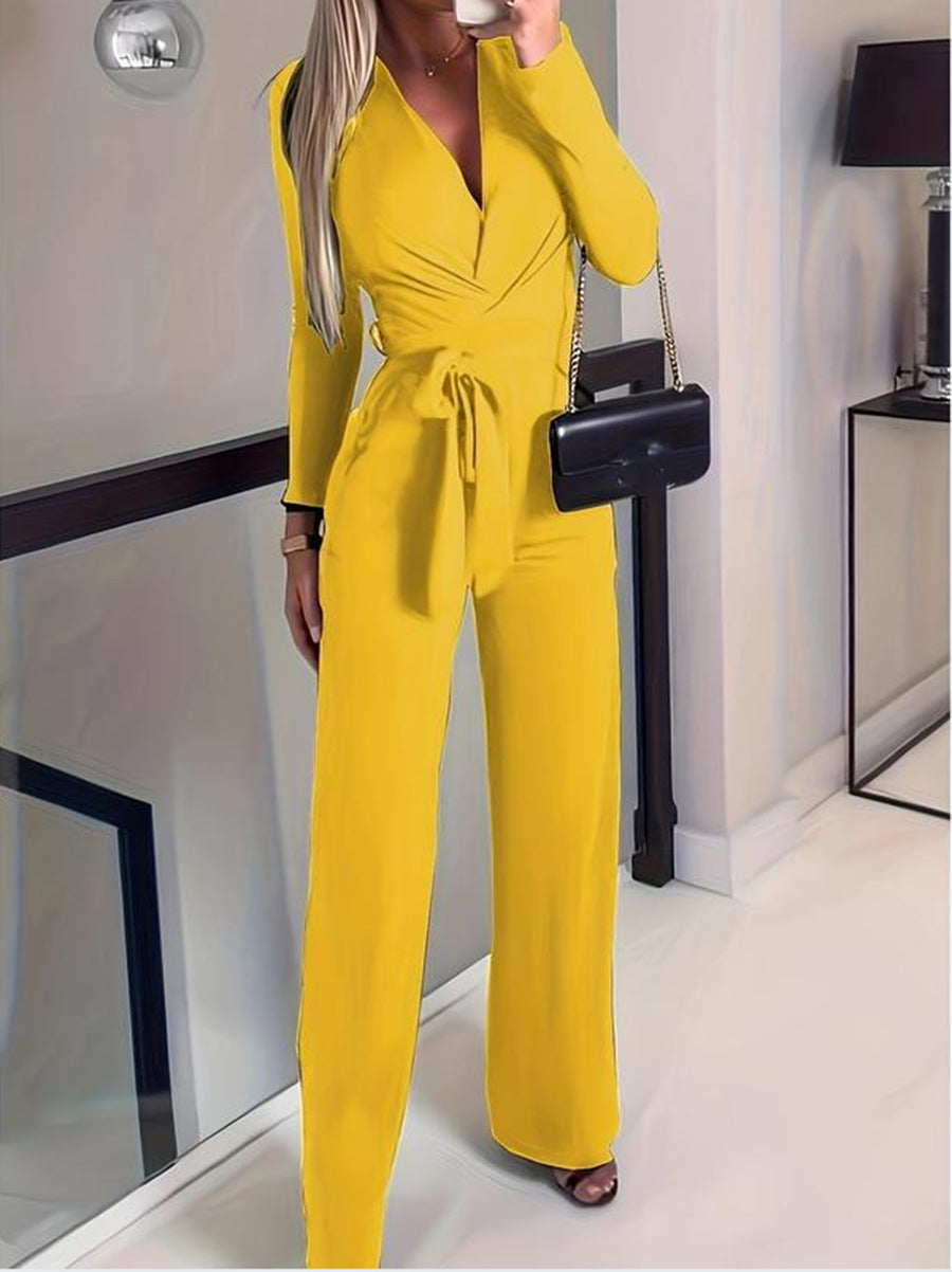 Elegant Wrap V-Neck Jumpsuit for Women with Adjustable Tie Waist - Flowy Wide-Leg Design for Effortless Style 2