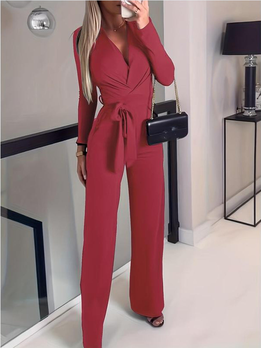 Elegant Wrap V-Neck Jumpsuit for Women with Adjustable Tie Waist - Flowy Wide-Leg Design for Effortless Style 3
