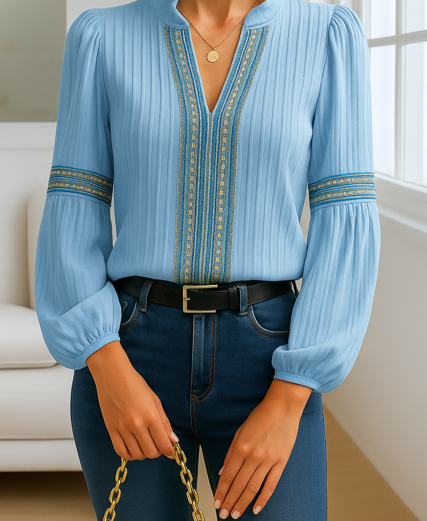 Alayna | Retro Flair V-Neckline Blouse for All-Season Wear