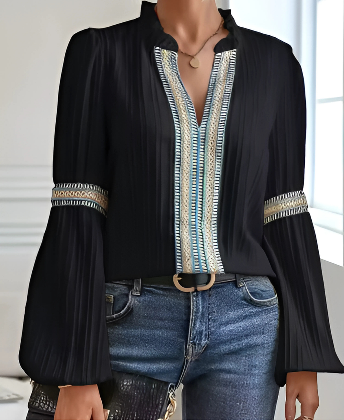 Alayna | Retro Flair V-Neckline Blouse for All-Season Wear