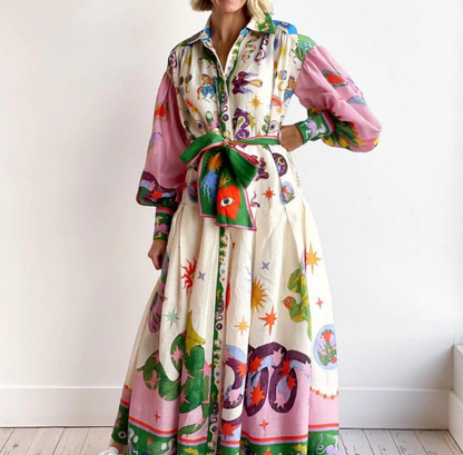 Lacey | Classic Printed Long Shirt Full-Length Dress with Bishop Sleeve Design