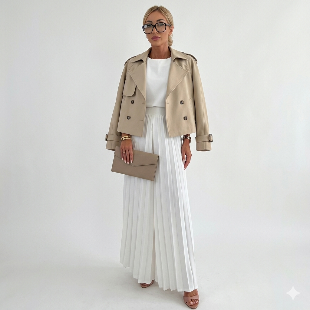 Women's Cropped Trench Coat - Belted Casual Jacket