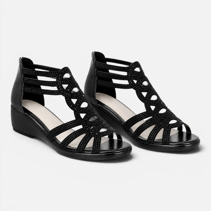 Women's Wedge Sandals - Strappy Rhinestone Detail