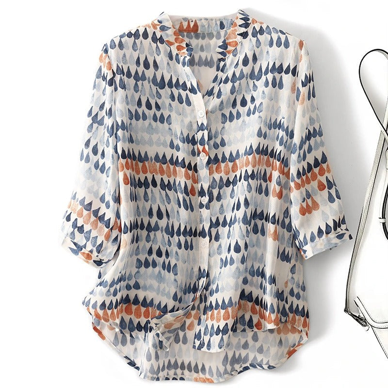 Emerlyn | Women's Casual Summer Top with Abstract Print Button Blouse Design